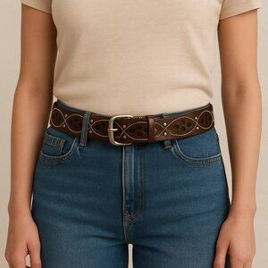LULU NYC 1X Brown Boho Western Belt 50" Diamond Stitch Faux Leather NWT